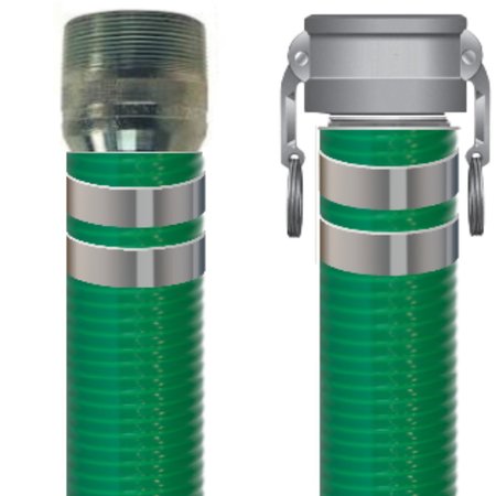 RUBBERWORX 3" X 15FT GREEN PVC WATER SUCTION HOSE CPLD CRIMPED PART C ALUM X KC NIPPLE GPVC-3X15-CMAL